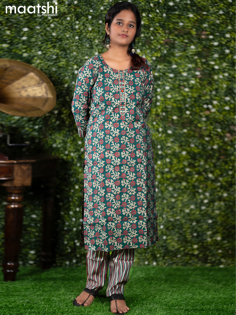 Modal readymade kurti set peacock green with allover prints & embroidery mirror patch work neck pattern and straight cut pant