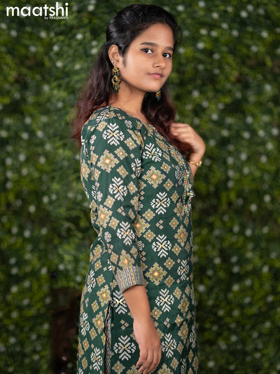 Modal readymade kurti set dark green with allover ikat prints & simple patch work neck pattern and straight cut pant