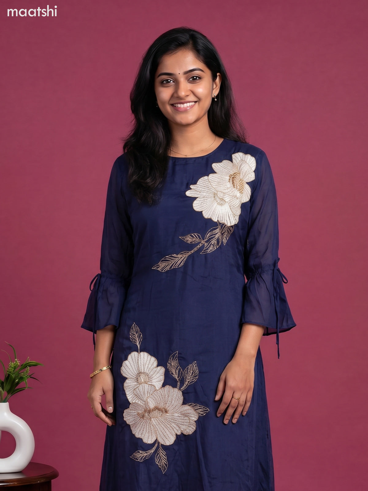 Blue Chinnon Silk Embroidery Work Long Anarkali Kurti