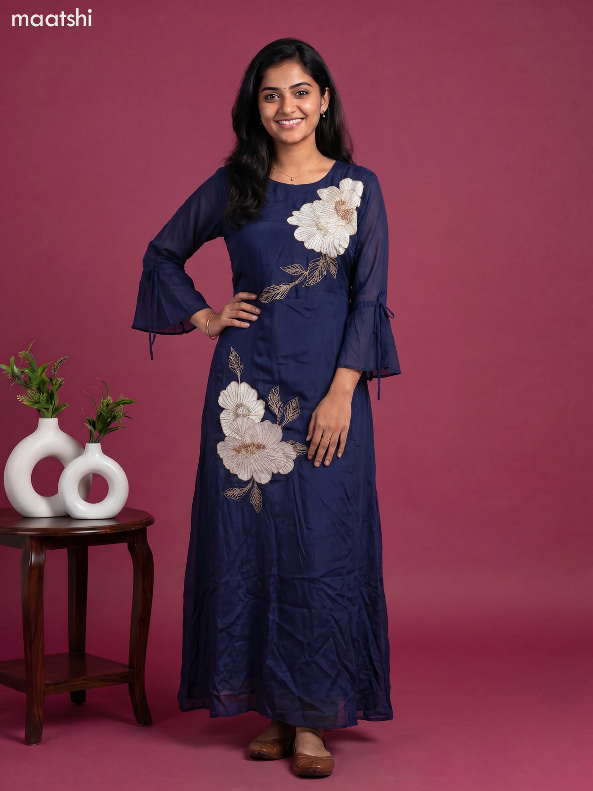 Blue Chinnon Silk Embroidery Work Long Anarkali Kurti