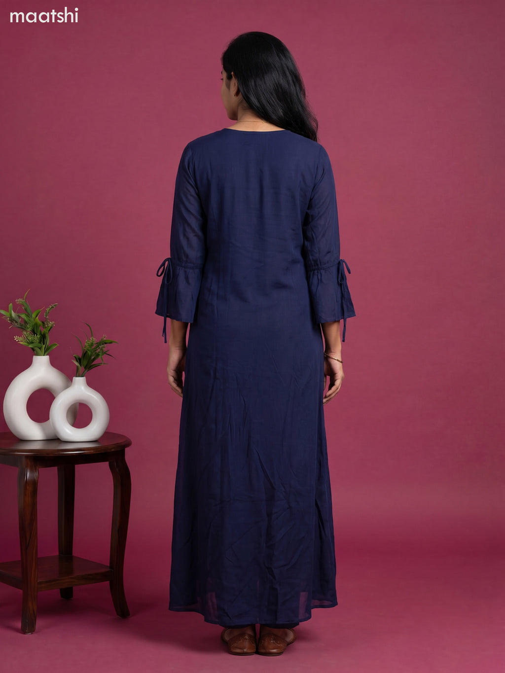 Blue Chinnon Silk Embroidery Work Long Anarkali Kurti