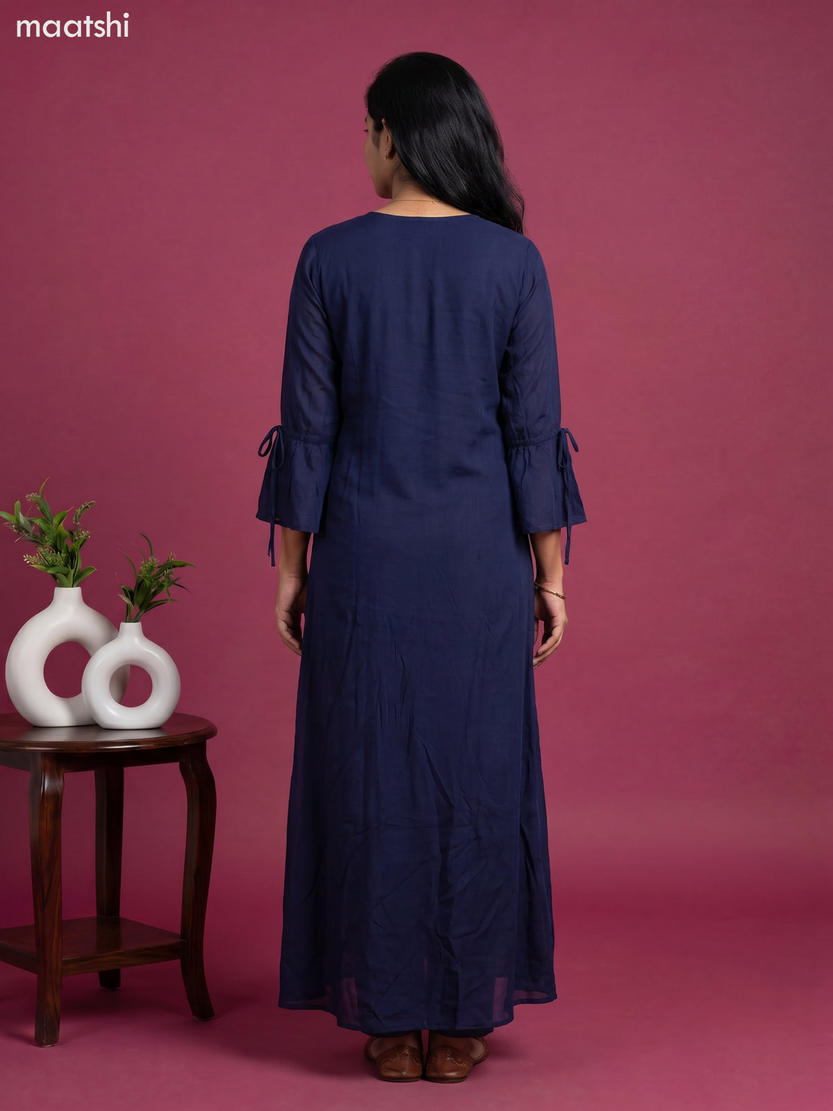 Blue Chinnon Silk Embroidery Work Long Anarkali Kurti