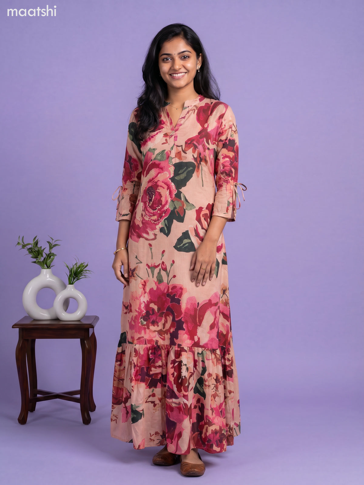 Peach and Multi Colour Chinnon Silk Floral Prints & Embroidery Work Long Anarkali Kurti