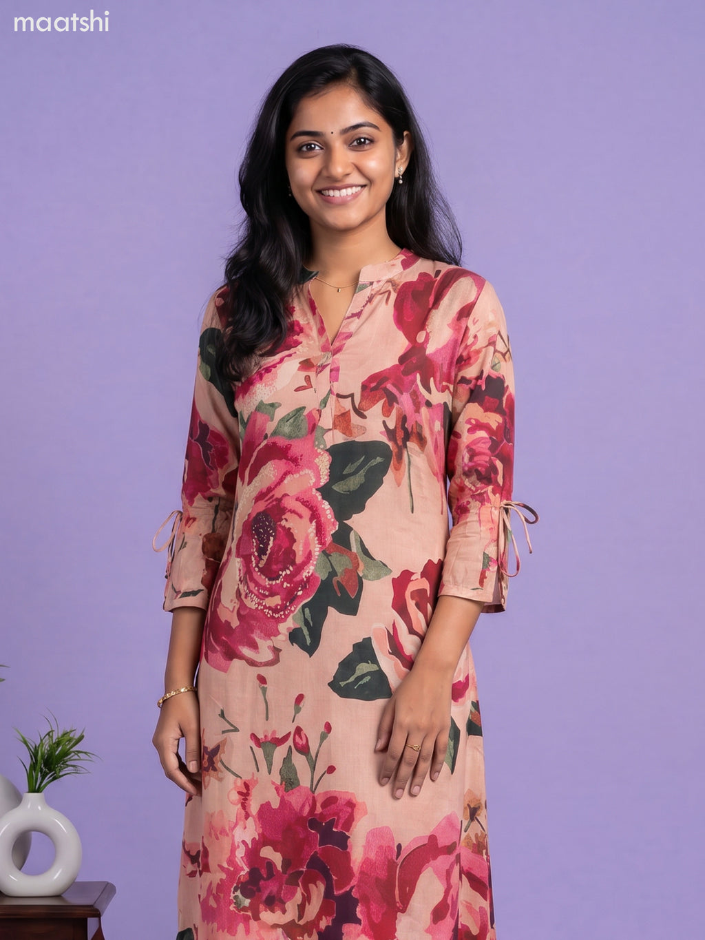 Peach and Multi Colour Chinnon Silk Floral Prints & Embroidery Work Long Anarkali Kurti