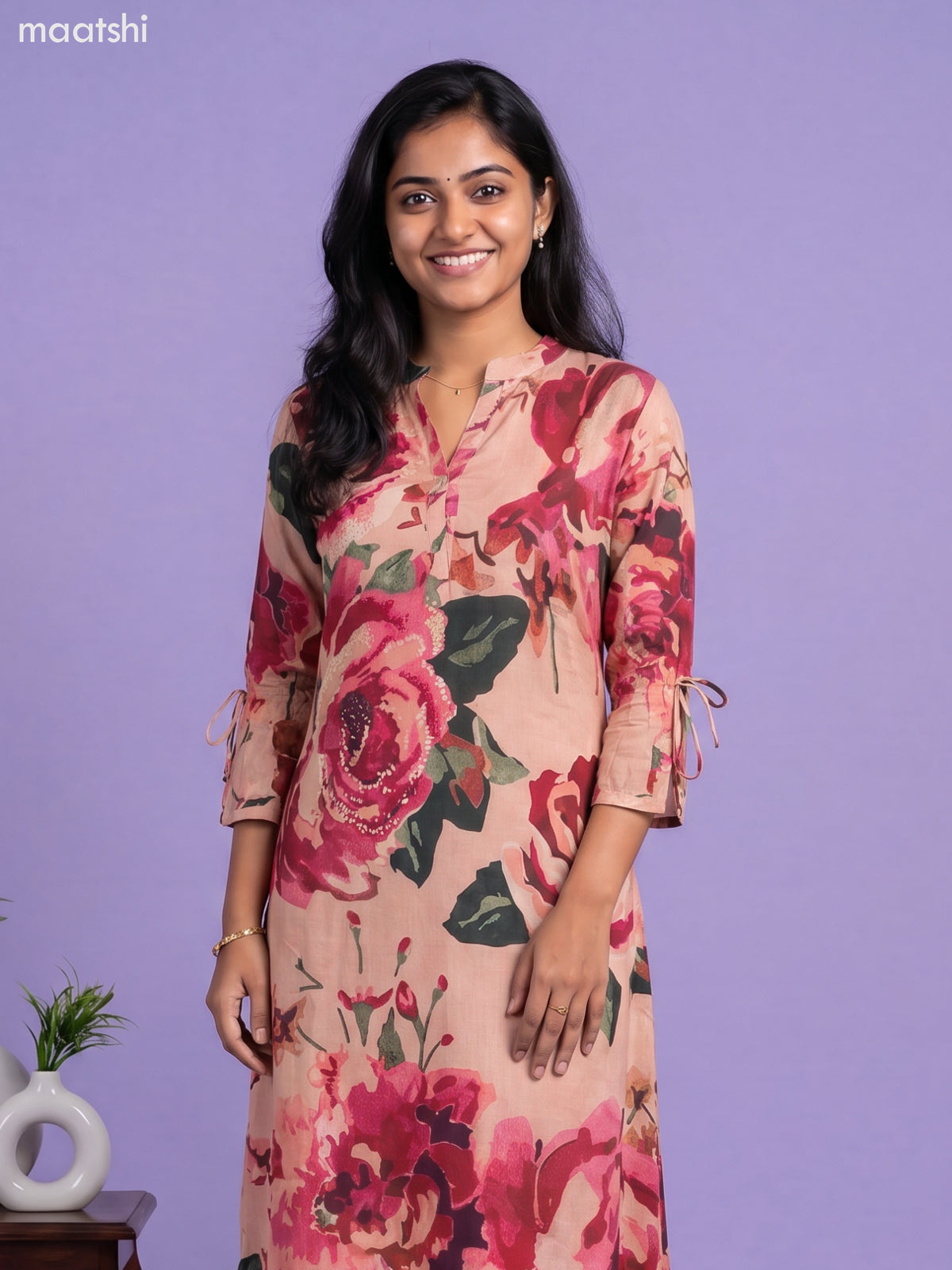 Peach and Multi Colour Chinnon Silk Floral Prints & Embroidery Work Long Anarkali Kurti
