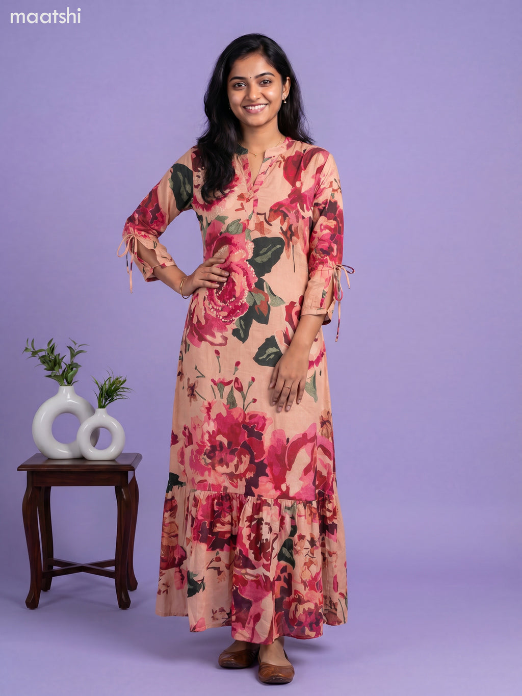 Peach and Multi Colour Chinnon Silk Floral Prints & Embroidery Work Long Anarkali Kurti