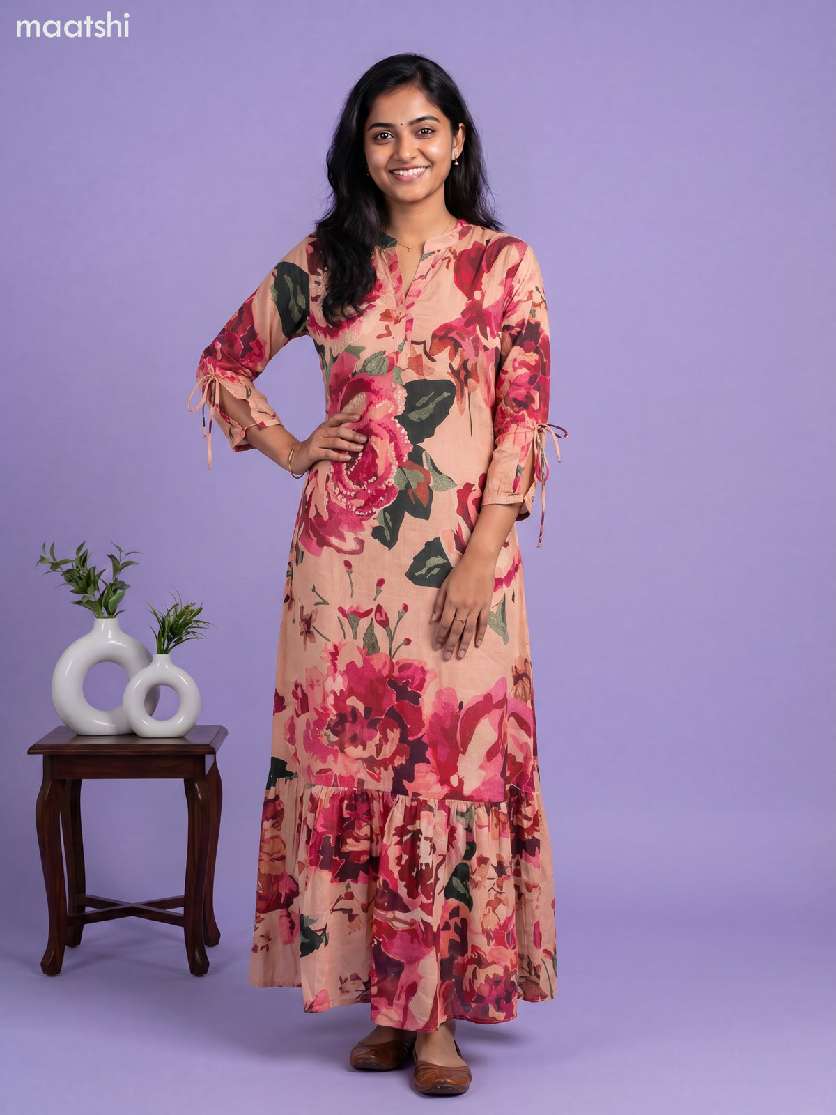 Peach and Multi Colour Chinnon Silk Floral Prints & Embroidery Work Long Anarkali Kurti