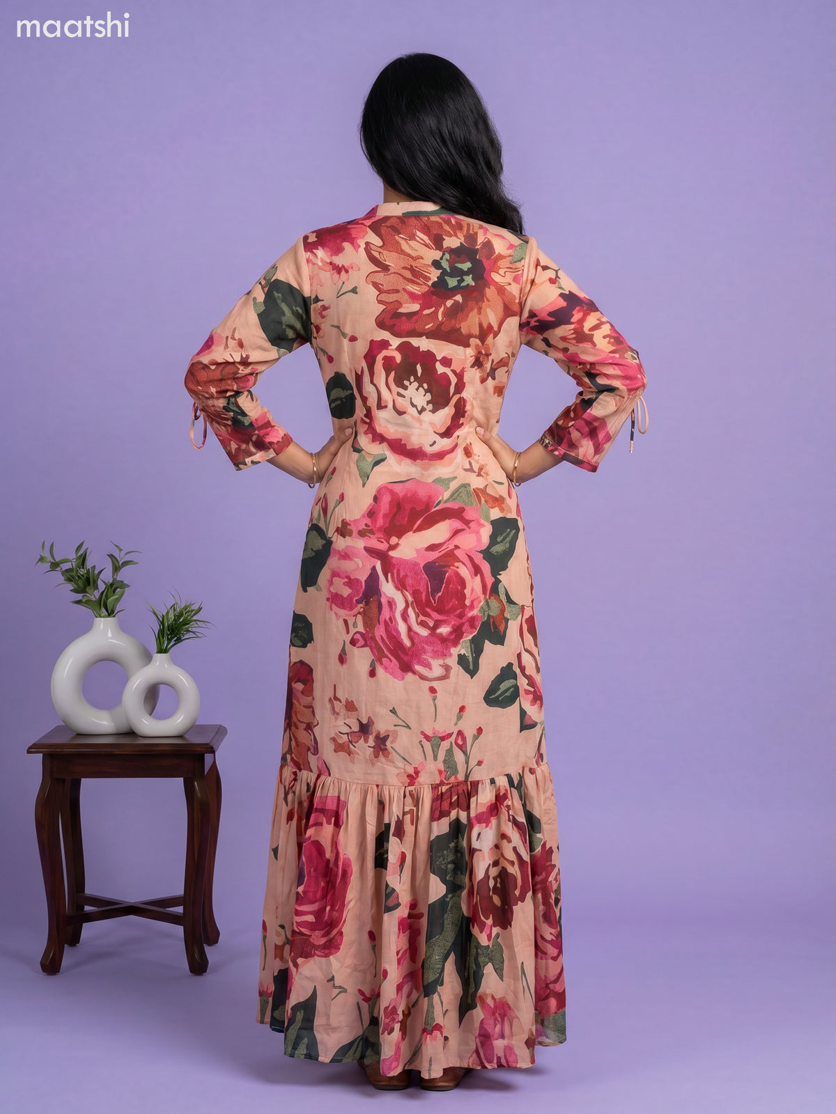 Peach and Multi Colour Chinnon Silk Floral Prints & Embroidery Work Long Anarkali Kurti