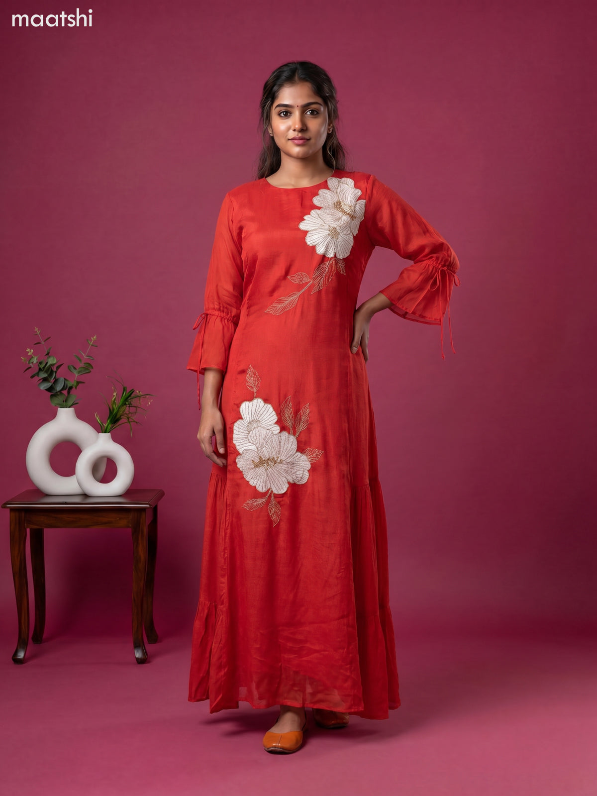 Dark Rust Chinnon Silk Embroidery Work Long Anarkali Kurti