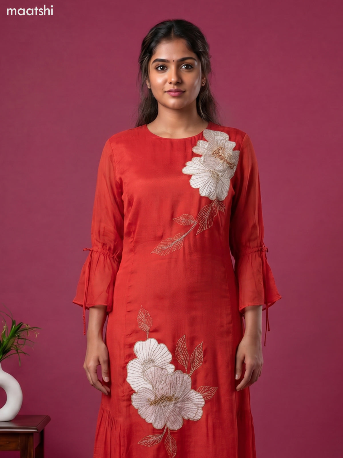 Dark Rust Chinnon Silk Embroidery Work Long Anarkali Kurti