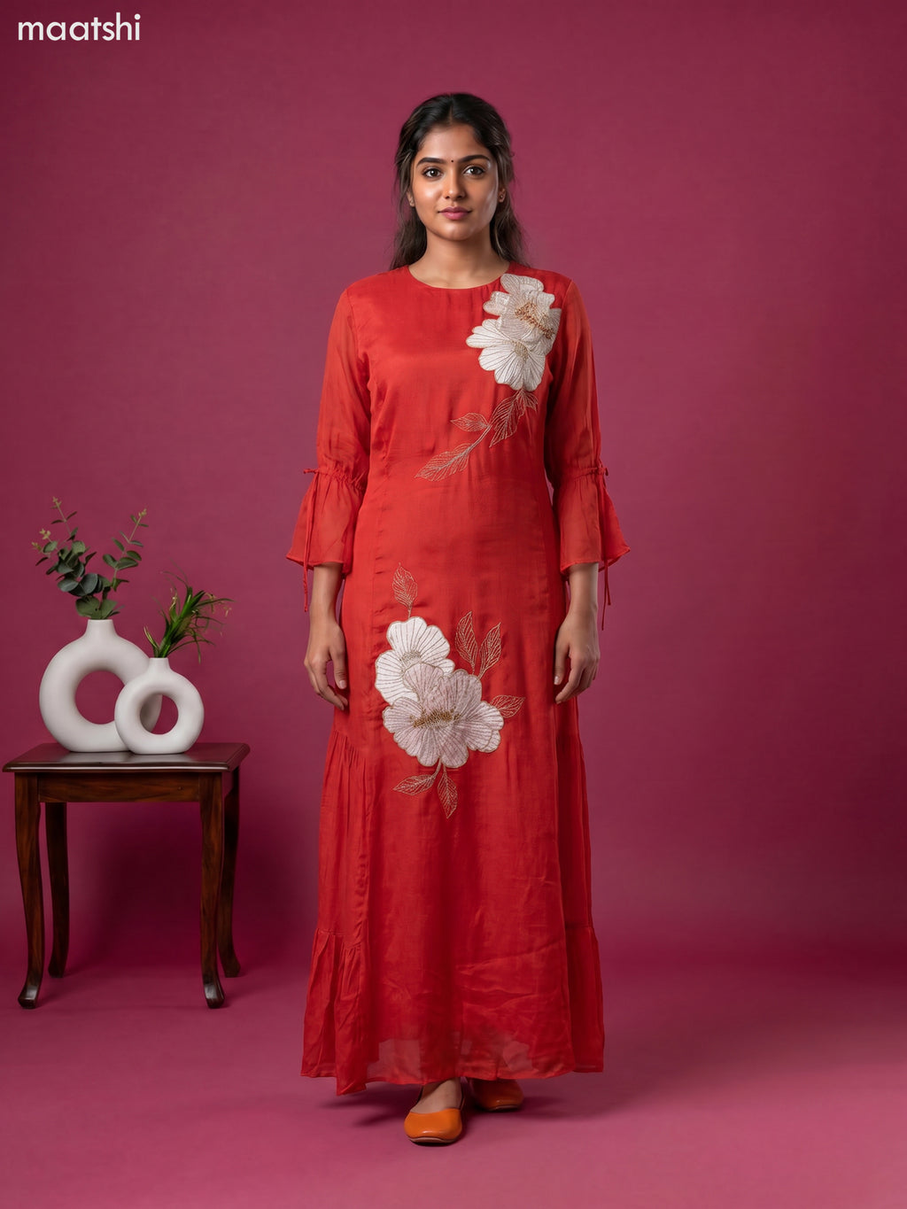 Dark Rust Chinnon Silk Embroidery Work Long Anarkali Kurti