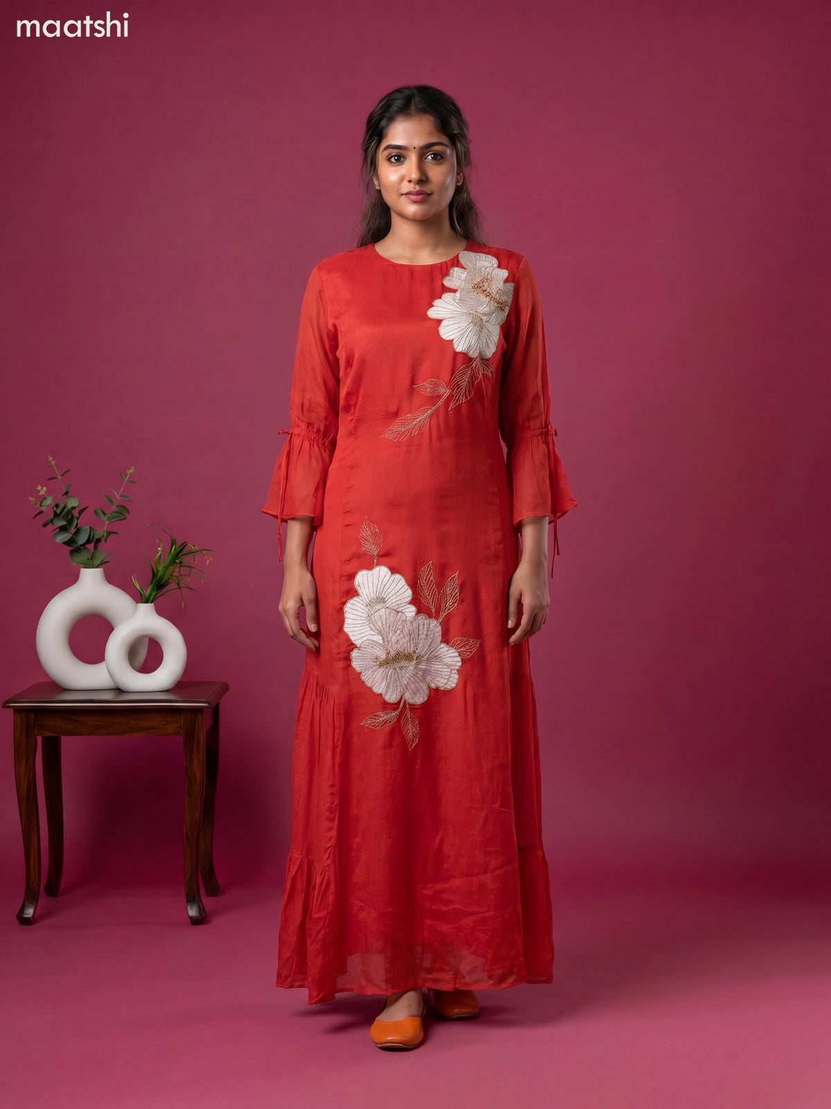 Dark Rust Chinnon Silk Embroidery Work Long Anarkali Kurti