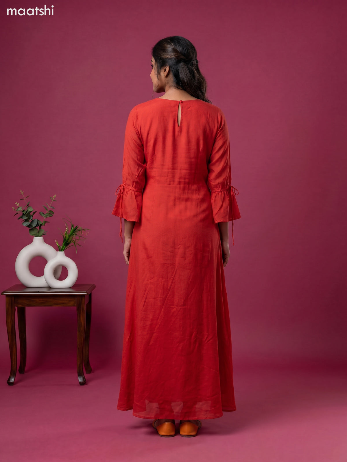 Dark Rust Chinnon Silk Embroidery Work Long Anarkali Kurti