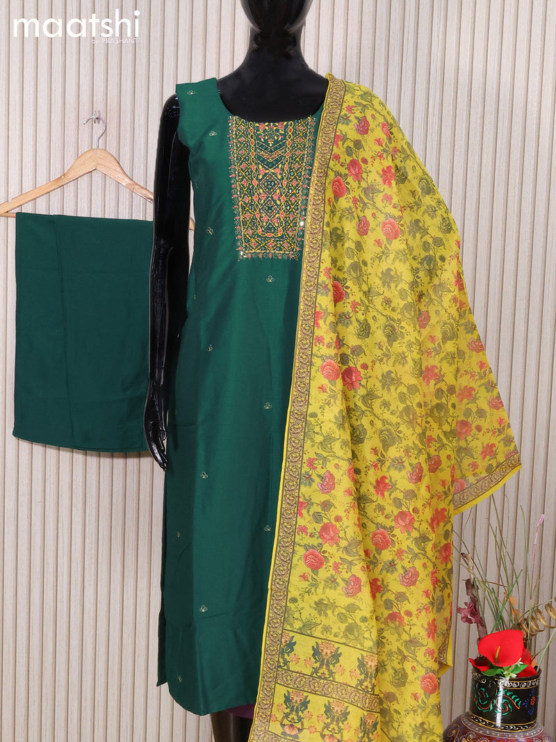 Raw silk readymade salwar suits dark green and yellow with embroidery mirror work neck pattern and straight cut pant & printed dupatta - sleeves attached