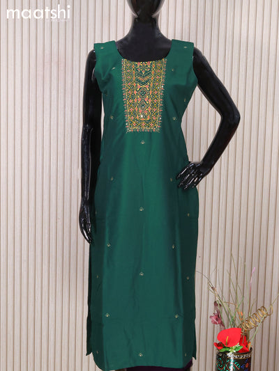 Raw silk readymade salwar suits dark green and yellow with embroidery mirror work neck pattern and straight cut pant & printed dupatta - sleeves attached