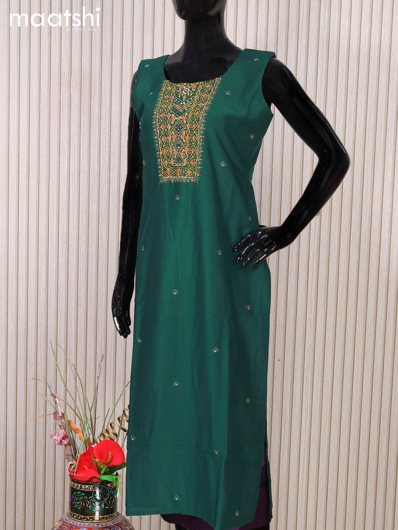 Raw silk readymade salwar suits dark green and yellow with embroidery mirror work neck pattern and straight cut pant & printed dupatta - sleeves attached
