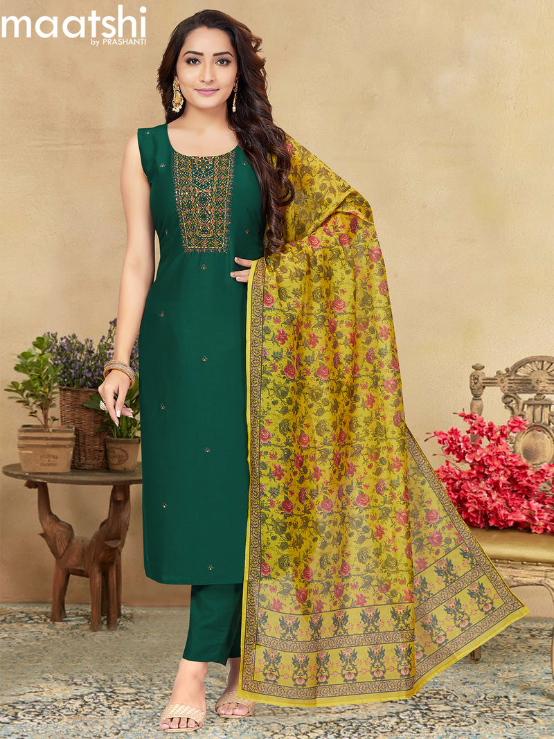 Raw silk readymade salwar suits dark green and yellow with embroidery mirror work neck pattern and straight cut pant & printed dupatta - sleeves attached