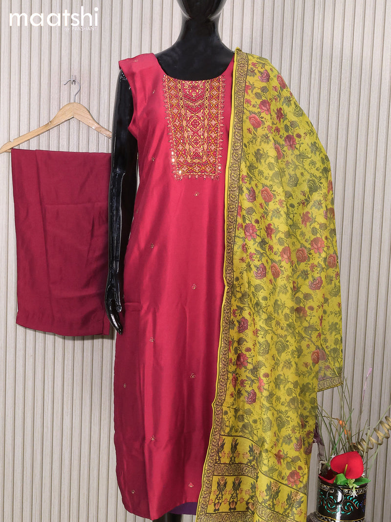 Raw silk readymade salwar suits maroon and yellow with embroidery mirror work neck pattern and straight cut pant & printed dupatta - sleeves attached