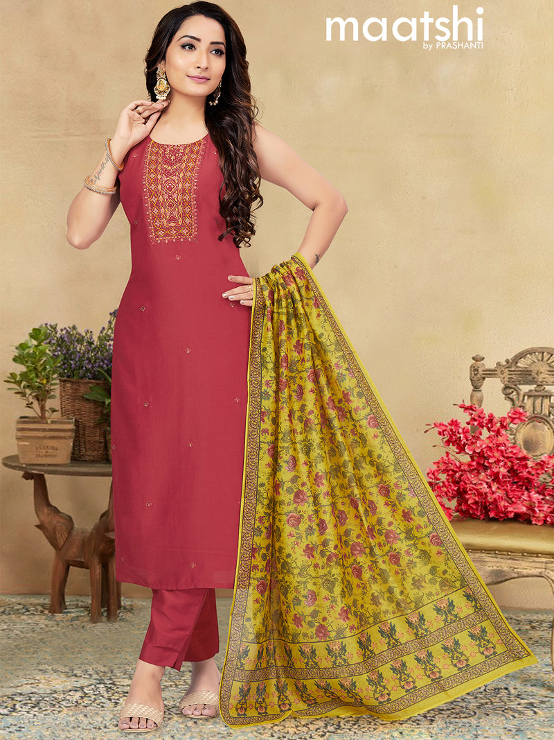 Raw silk readymade salwar suits maroon and yellow with embroidery mirror work neck pattern and straight cut pant & printed dupatta - sleeves attached
