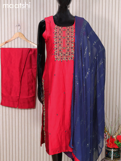 Raw silk readymade salwar suits pink  and blue with embroidery mirror work neck pattern and straight cut pant & sequin work dupatta - sleeves attached