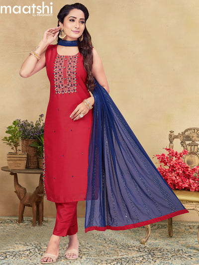 Raw silk readymade salwar suits pink  and blue with embroidery mirror work neck pattern and straight cut pant & sequin work dupatta - sleeves attached