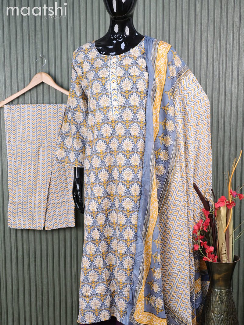 Cotton readymade salwar suits grey and off white with allover floral prints and straight cut pant & cotton dupatta
