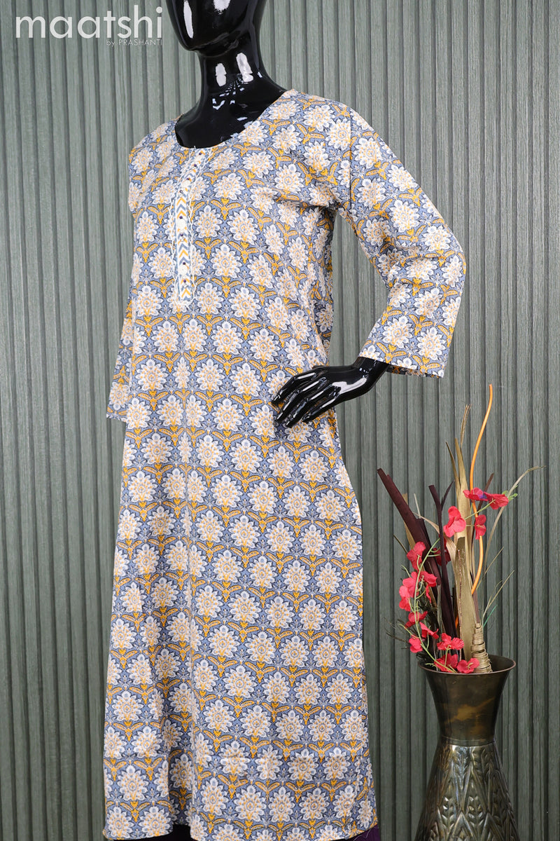 Cotton readymade salwar suits grey and off white with allover floral prints and straight cut pant & cotton dupatta