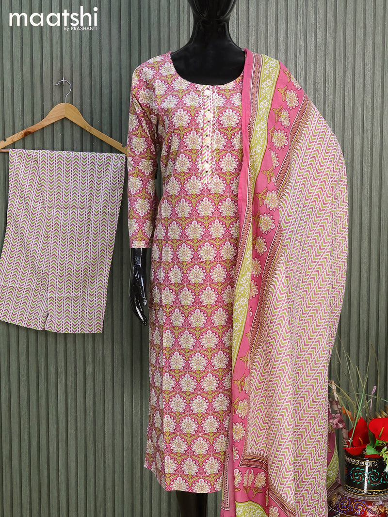 Cotton readymade salwar suits pink and off white with allover floral prints and straight cut pant & cotton dupatta