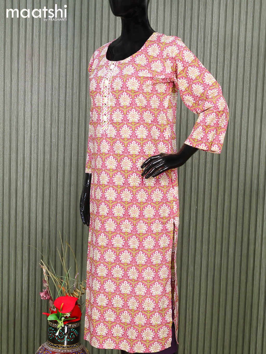 Cotton readymade salwar suits pink and off white with allover floral prints and straight cut pant & cotton dupatta
