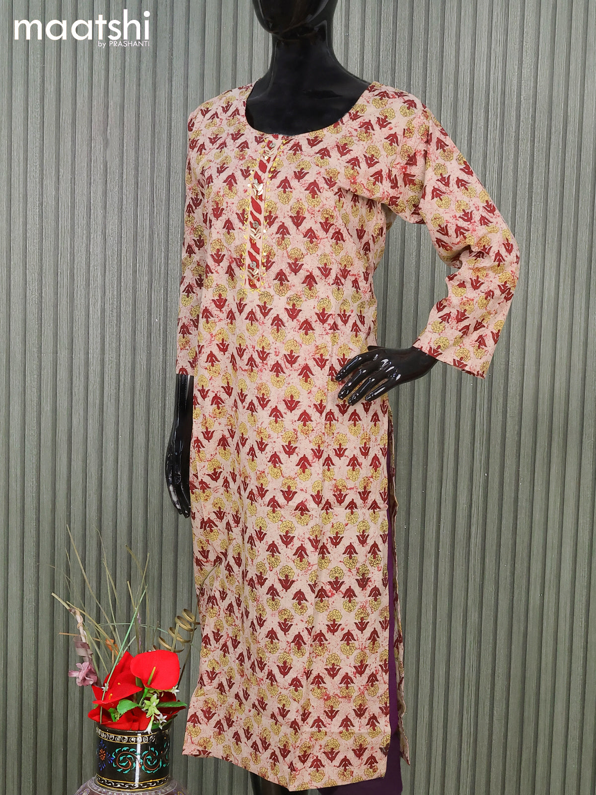 Cotton readymade salwar suits beige and maroon with floral butta prints & embroidery neck pattern and straight cut pant & cotton dupatta