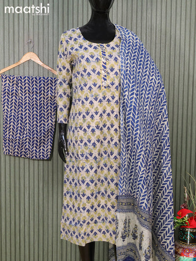 Cotton readymade salwar suits beige and blue with floral butta prints & embroidery neck pattern and straight cut pant & cotton dupatta