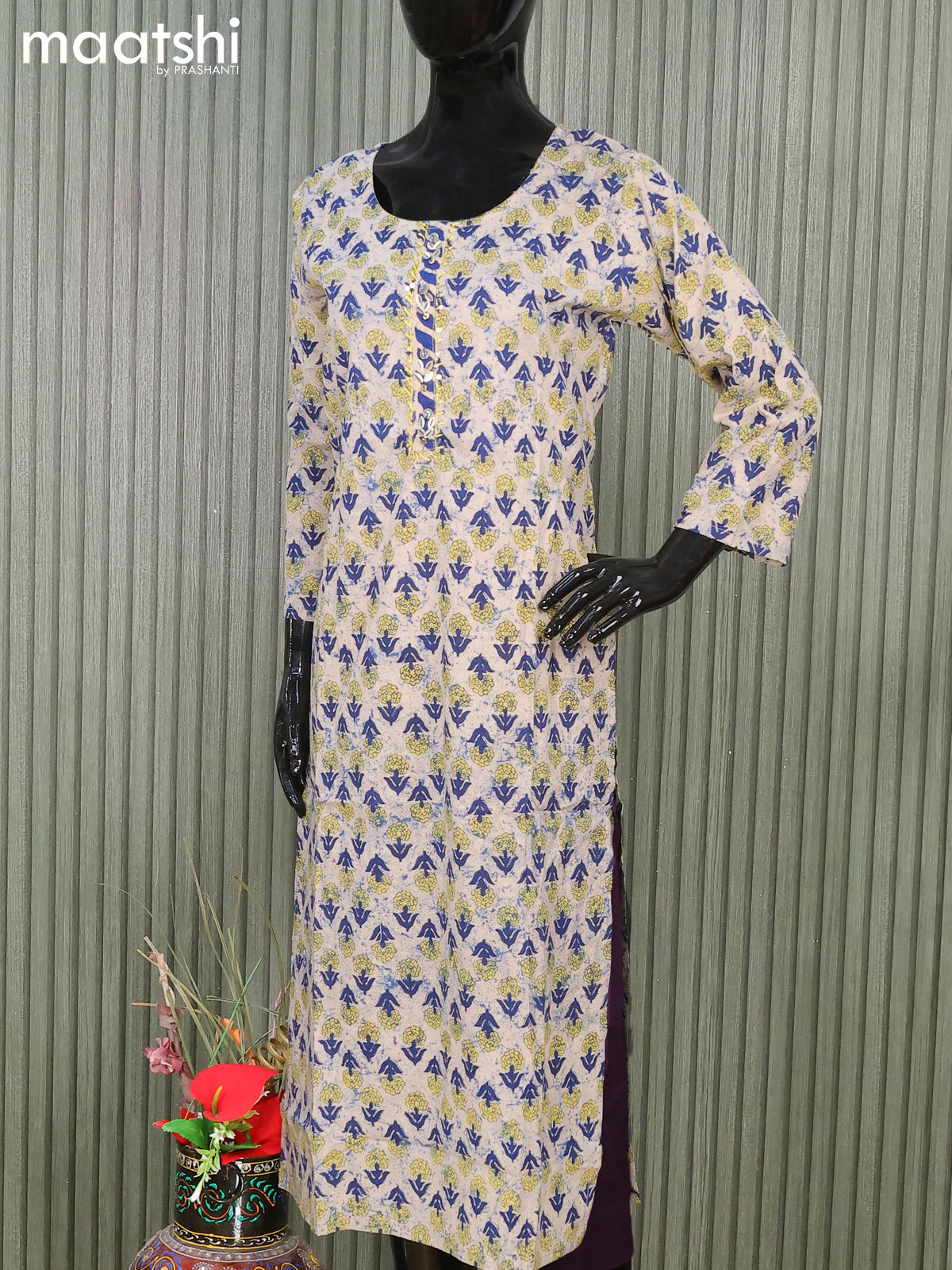 Cotton readymade salwar suits beige and blue with floral butta prints & embroidery neck pattern and straight cut pant & cotton dupatta