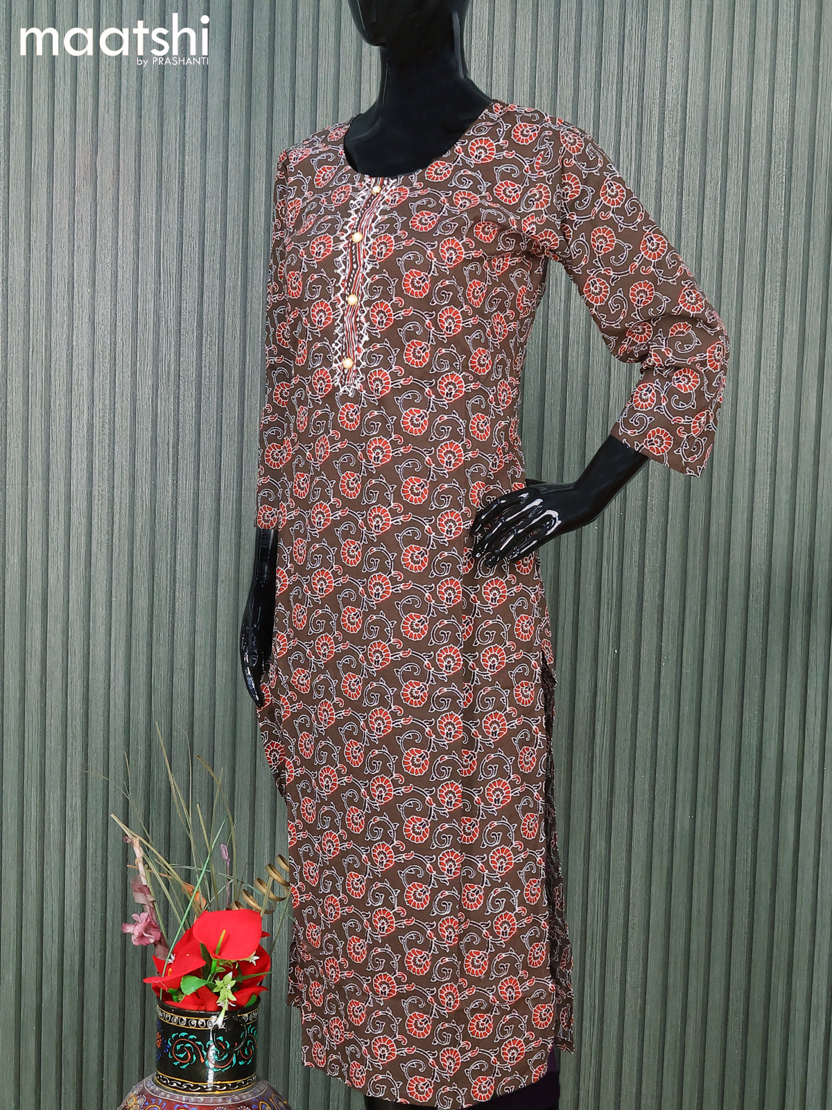 Cotton readymade salwar suits deep coffee brown and  with allover kalamkari prints and straight cut pant & cotton dupatta