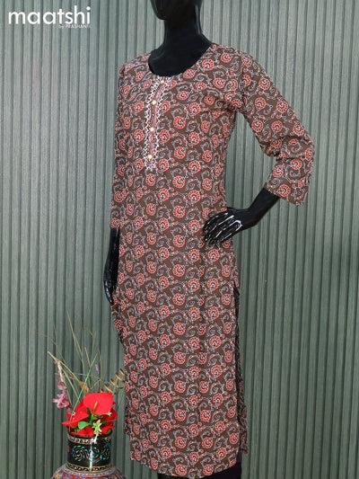 Cotton readymade salwar suits deep coffee brown and  with allover kalamkari prints and straight cut pant & cotton dupatta