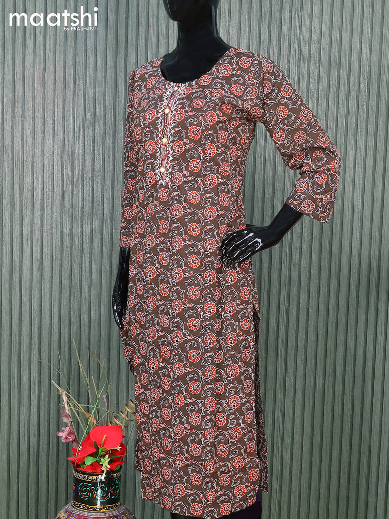 Cotton readymade salwar suits deep coffee brown and  with allover kalamkari prints and straight cut pant & cotton dupatta