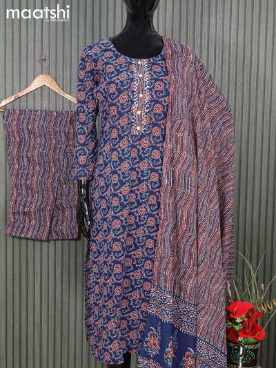 Cotton readymade salwar suits blue and  with allover kalamkari prints and straight cut pant & cotton dupatta