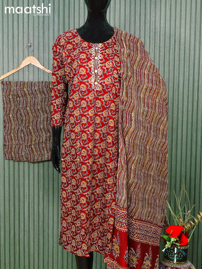 Cotton readymade salwar suits maroon and  with allover kalamkari prints and straight cut pant & cotton dupatta