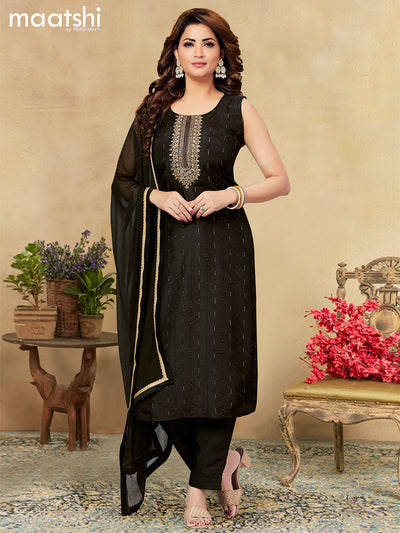 Raw silk readymade salwar suits black with allover sequin work & embroidery work neck pattern and straight cut pant & chiffon work dupatta - sleeve attached