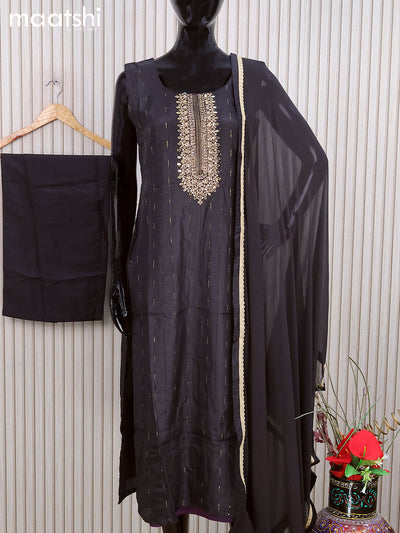 Raw silk readymade salwar suits black with allover sequin work & embroidery work neck pattern and straight cut pant & chiffon work dupatta - sleeve attached