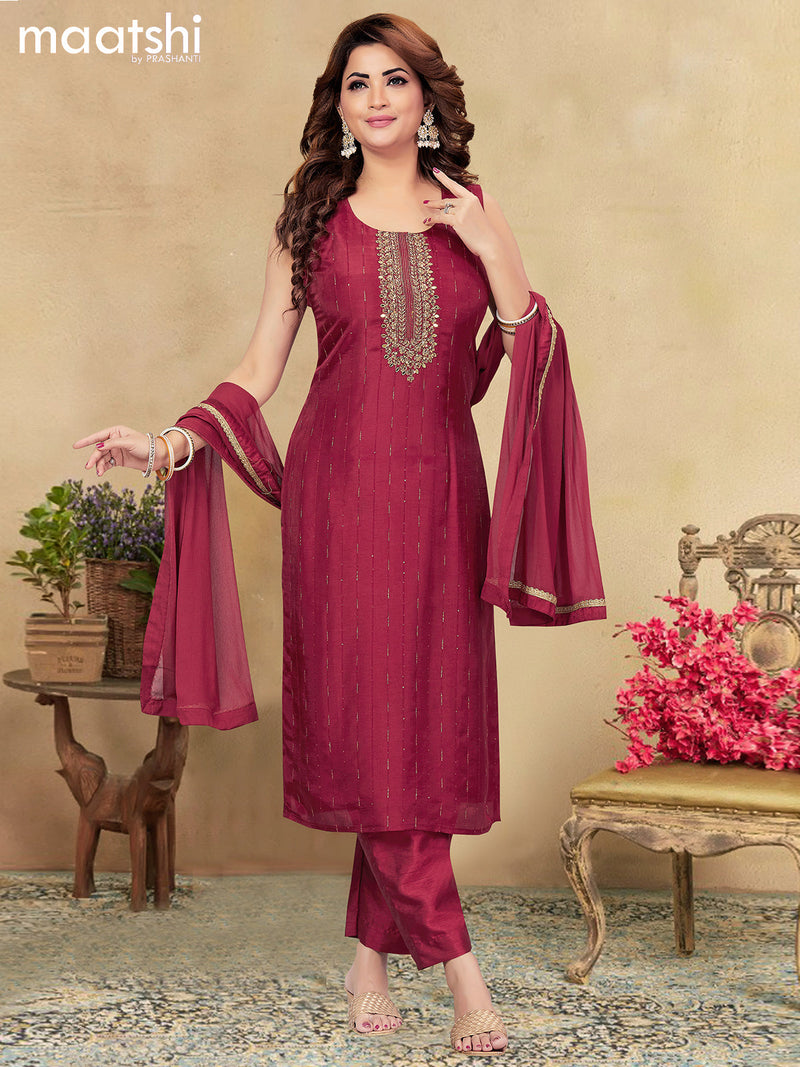 Raw silk readymade salwar suits maroon with allover sequin work & embroidery work neck pattern and straight cut pant & chiffon work dupatta - sleeves attached