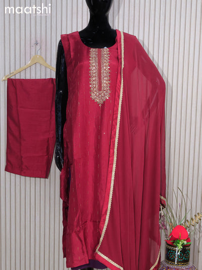 Raw silk readymade salwar suits maroon with allover sequin work & embroidery work neck pattern and straight cut pant & chiffon work dupatta - sleeves attached