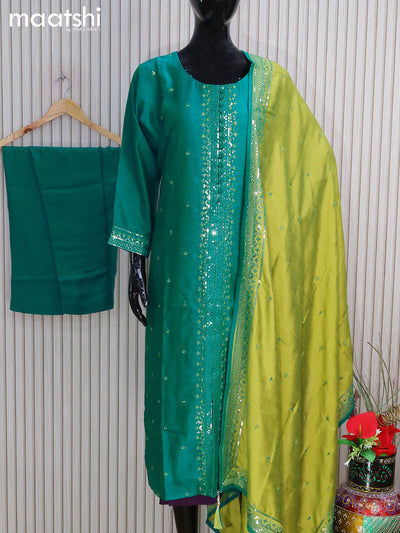 Raw silk readymade salwar suits teal green and light green with embroidery sequin work neck pattern and straight cut pant & sequin work dupatta - sleeves attached