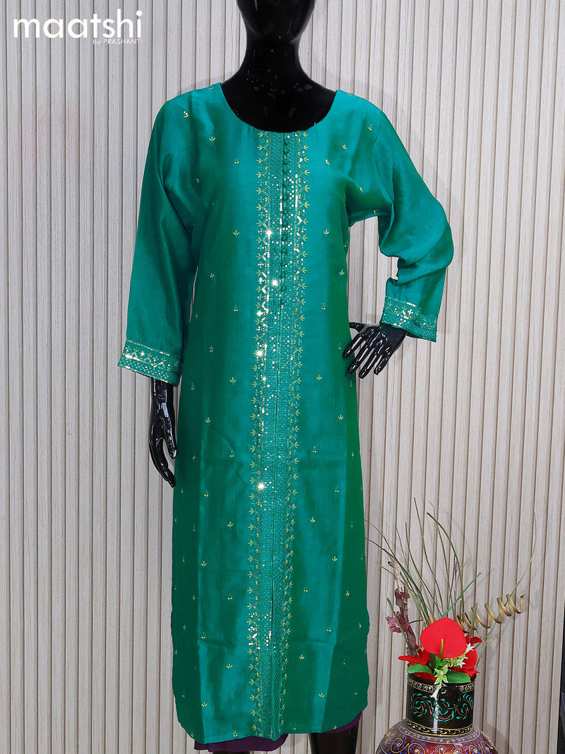Raw silk readymade salwar suits teal green and light green with embroidery sequin work neck pattern and straight cut pant & sequin work dupatta - sleeves attached
