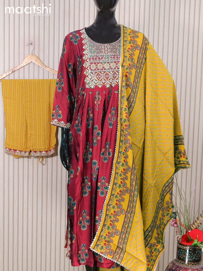 Rayon readymade naira cut salwar suits maroon and mustard yellow with floral butta prints & embroidery sequin work neck pattern and straight cut pant & bandhini prints dupatta