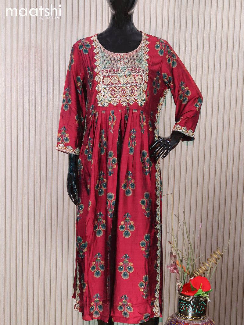 Rayon readymade naira cut salwar suits maroon and mustard yellow with floral butta prints & embroidery sequin work neck pattern and straight cut pant & bandhini prints dupatta