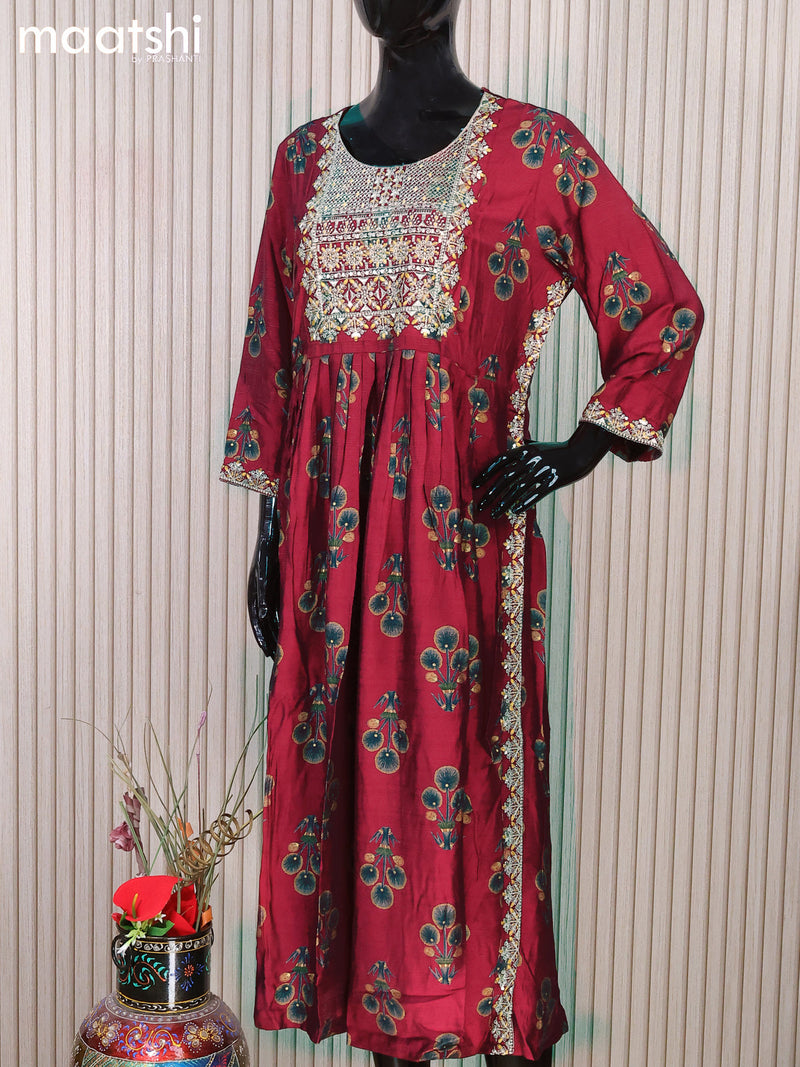 Rayon readymade naira cut salwar suits maroon and mustard yellow with floral butta prints & embroidery sequin work neck pattern and straight cut pant & bandhini prints dupatta
