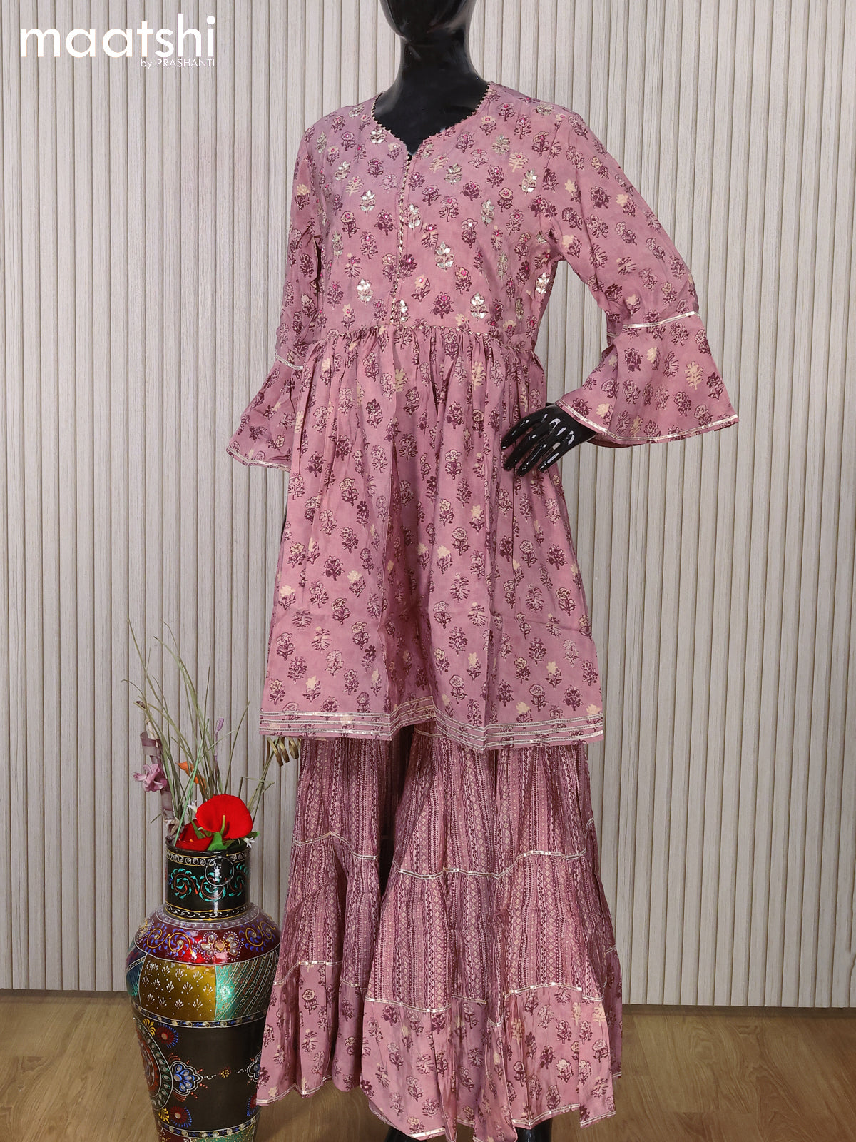Modal readymade short umbrella salwar suits pastel pink and  with allover butta prints & embroidery mirror work and sharara pant & chiffon sequin work dupatta