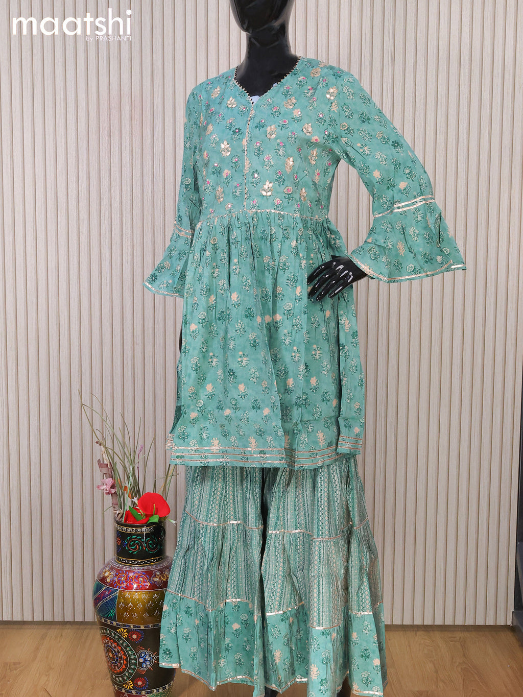 Modal readymade short umbrella salwar suits pastel blue shade and  with allover butta prints & embroidery mirror work and sharara pant & chiffon sequin work dupatta