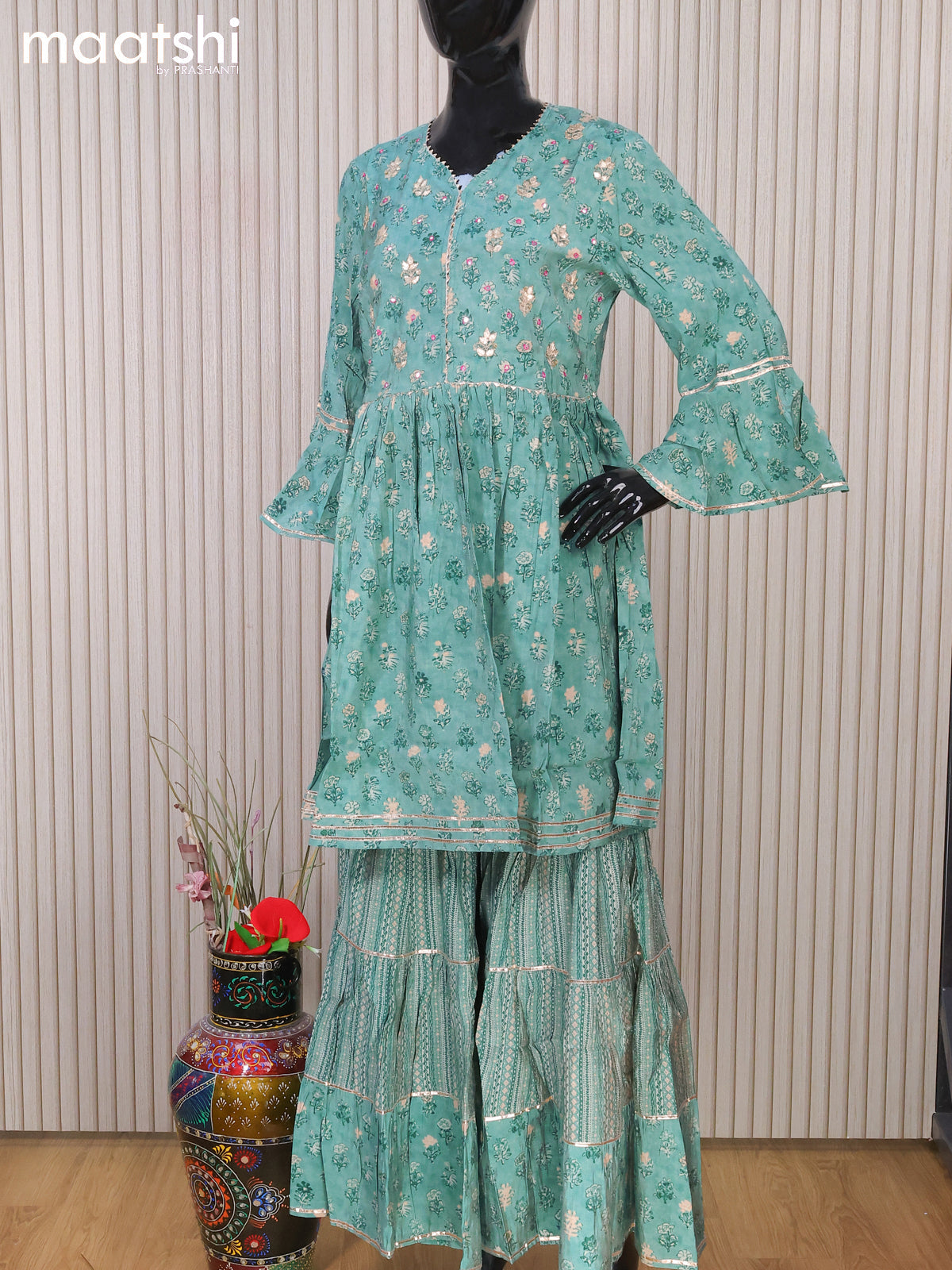 Modal readymade short umbrella salwar suits pastel blue shade and  with allover butta prints & embroidery mirror work and sharara pant & chiffon sequin work dupatta