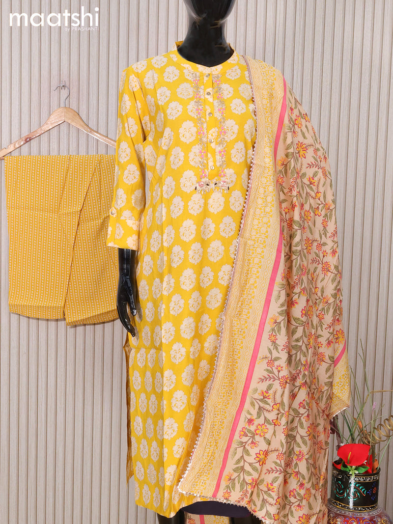 Modal readymade salwar suits yellow and with allover butta prints & zardosi embroidery work neck pattern and straight cut pant & printed dupatta